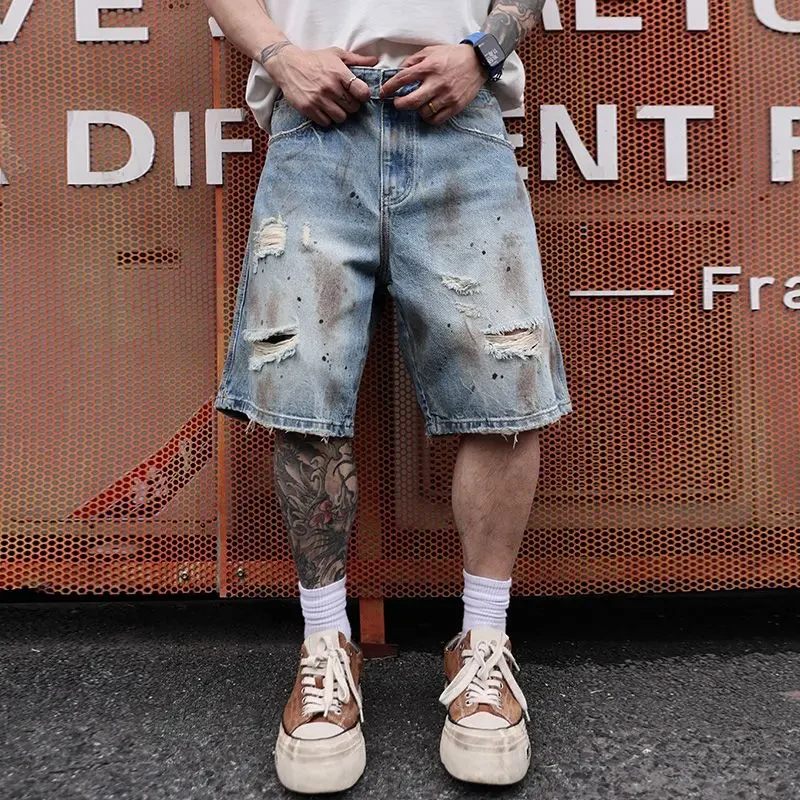 漆点做脏做旧破洞黄泥染牛仔中裤男款设计感潮牌高街宽松六分裤男