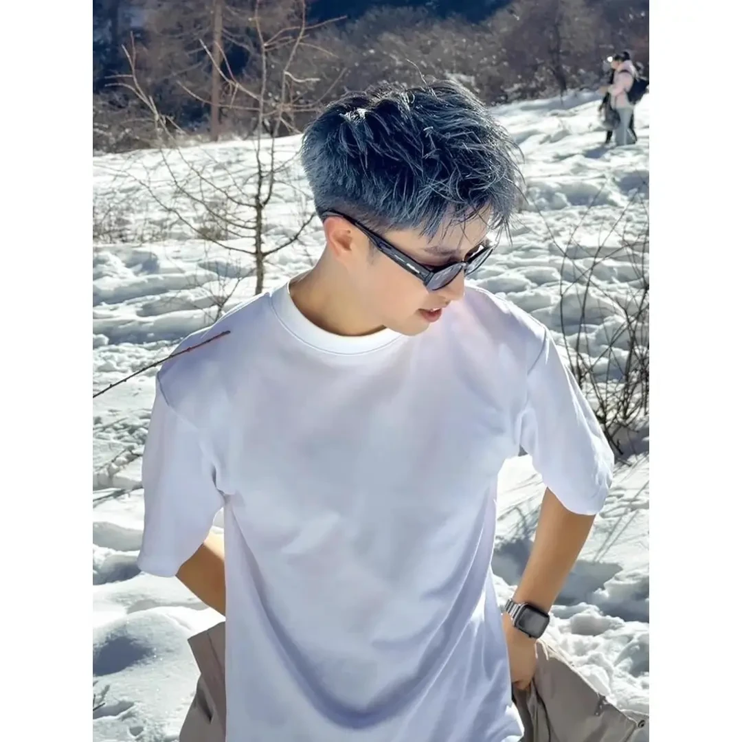 白色纯棉重磅短袖T恤男夏季美式cleanfit潮牌内搭打底衫五分半袖