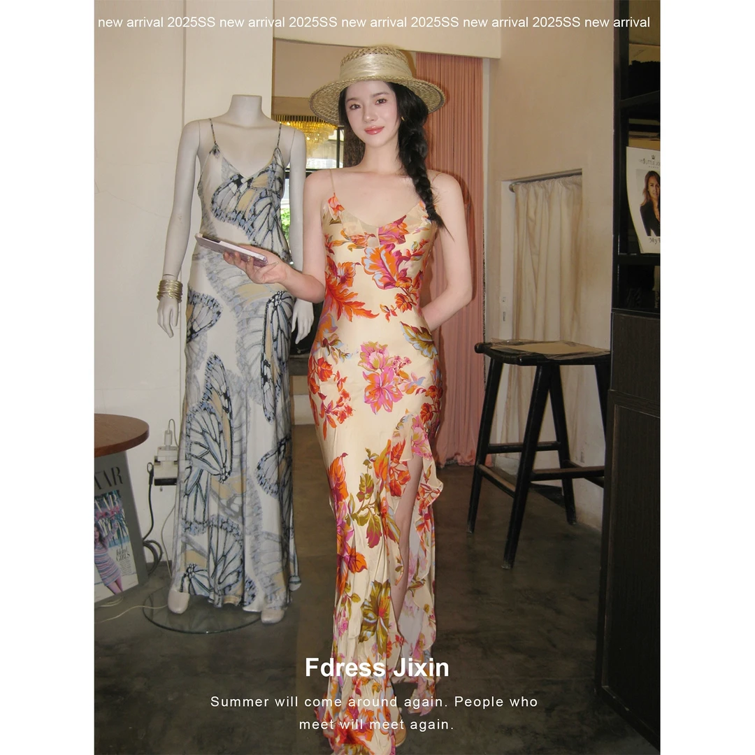 25.SS上新/定制夏日海岛繁花印花吊带连衣裙弹力斜裁显瘦度假裙