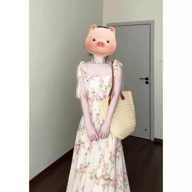 法式碎花吊带连衣裙女夏2025新款小个子高级感海边度假雪纺长裙