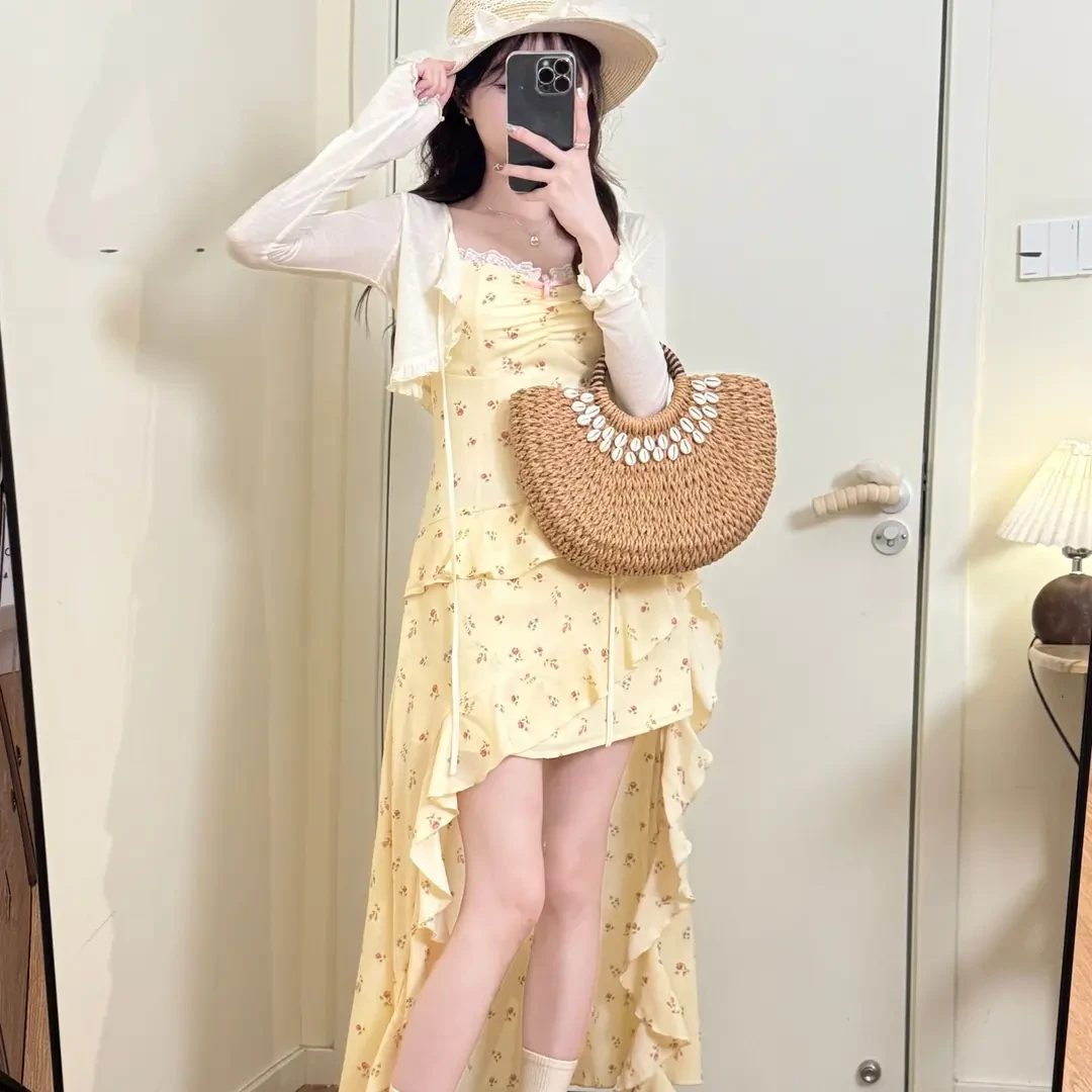 不规则黄色吊带碎花开衫连衣裙子女新款夏日绝美海边度假穿搭套装