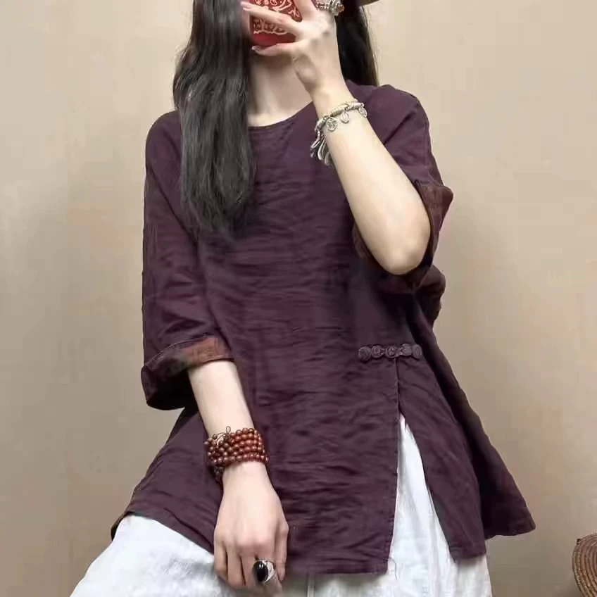 新中式复古亚麻短袖衬衫女夏国风设计感盘扣圆领小衫上衣