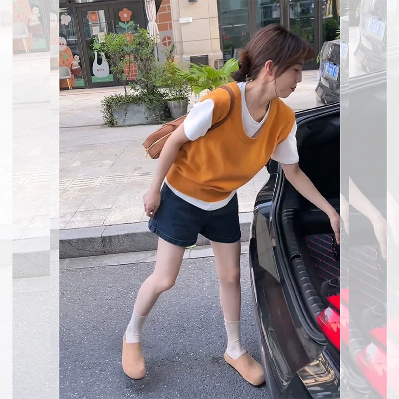 2025春季新款橘色毛衣背心坎肩针织马甲女春秋外搭叠穿无袖短上衣