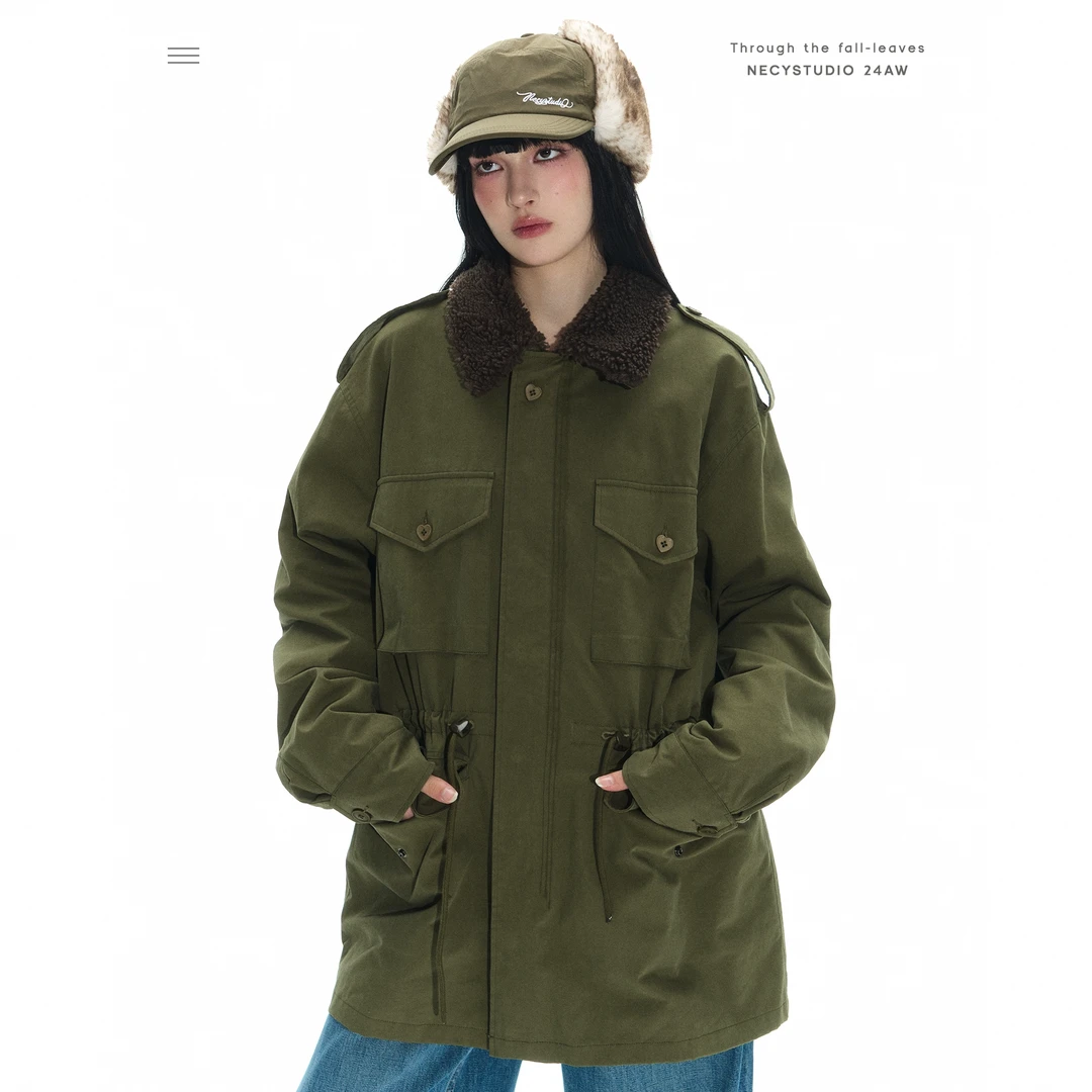NECY【barnfit】军绿色立体口袋军大衣 宽松保暖长款719