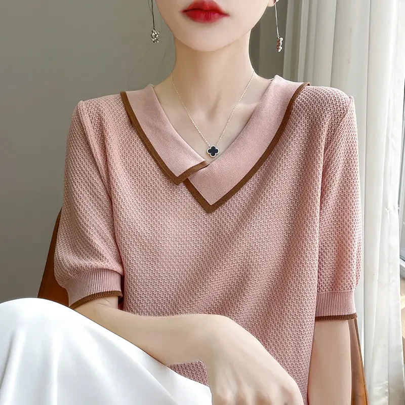 微胖mm夏季大码翻领冰丝针织衫女士短袖t恤遮肚子巨显瘦洋气上衣