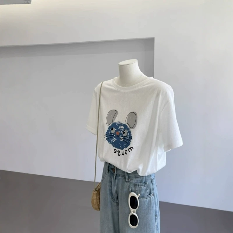 韩版减龄卡通鼠印花白色短袖女t恤夏休闲透气雪花棉圆领宽松上衣