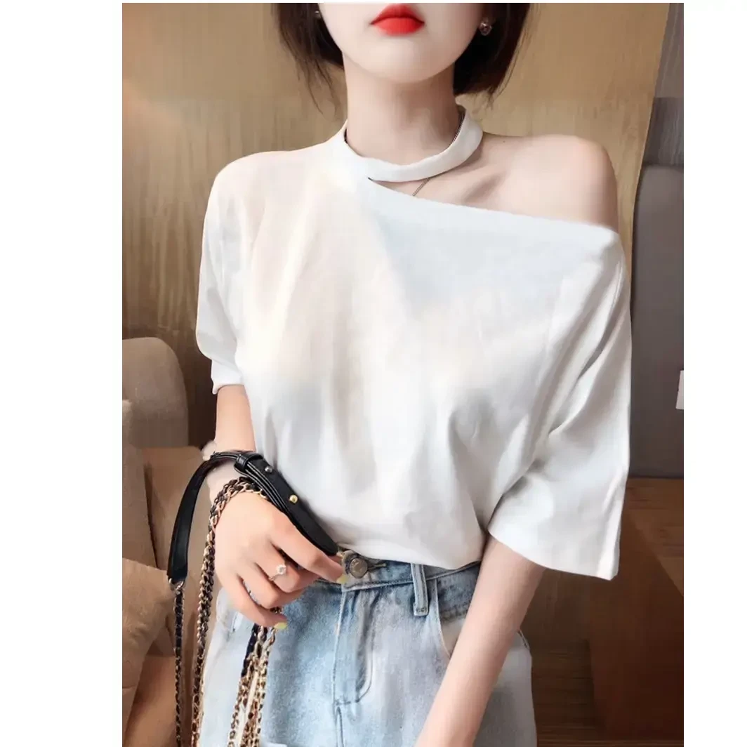 洋气小衫爆款2025新款独特单肩露肩上衣宽松夏季半袖t恤女潮
