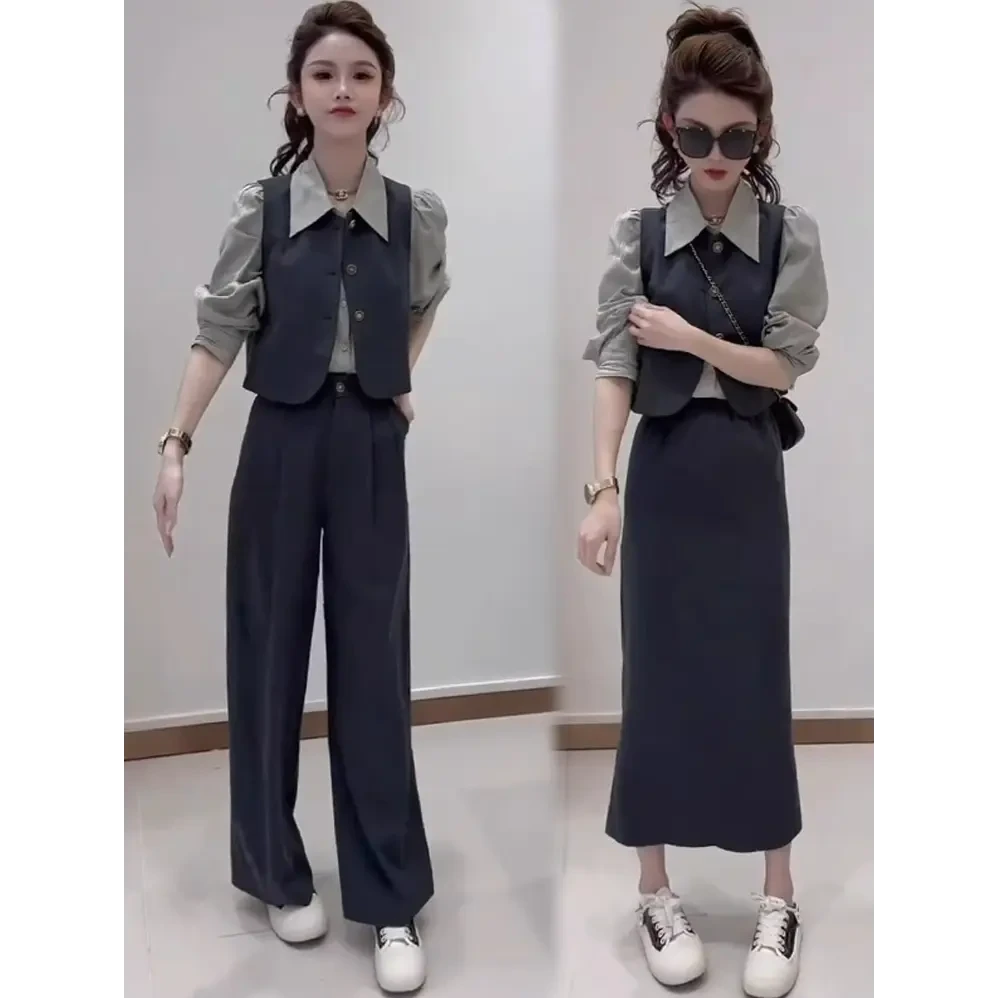 网红减龄套装女2025春季时尚洋气衬衫马甲阔腿裤气质小香风三件套