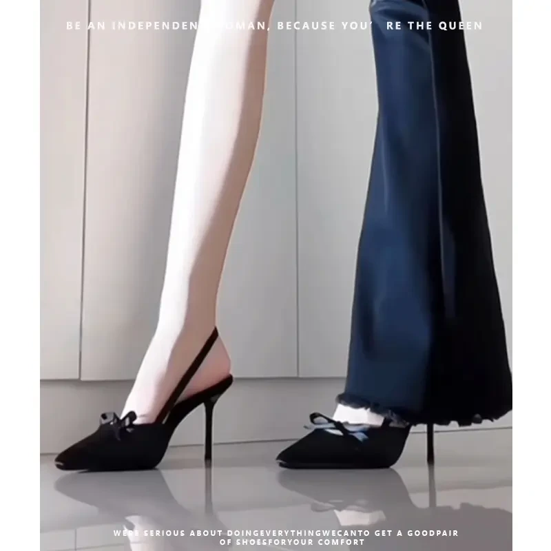 法式黑色高级时尚感凉鞋女气质细跟蝴蝶结银色高跟鞋小众绸缎单鞋