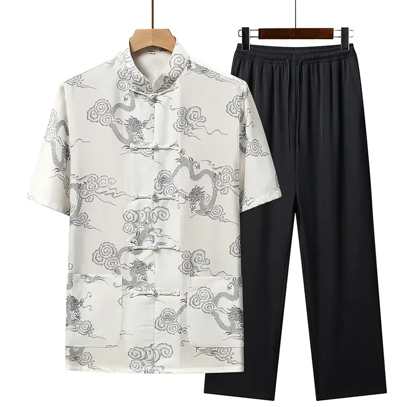 爸爸夏季套装中年男士短袖衬衫中国风唐装两件套中老年人爷爷衣服