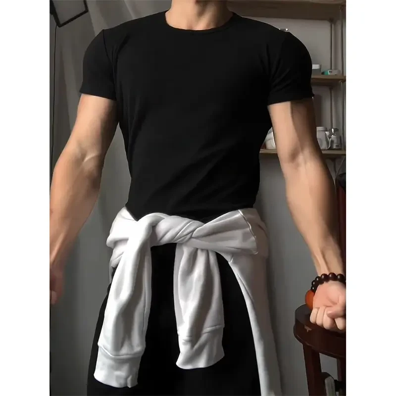 健身收紧袖口t恤男小领口夏季显肌肉短袖弹力修身cleanfit半截袖