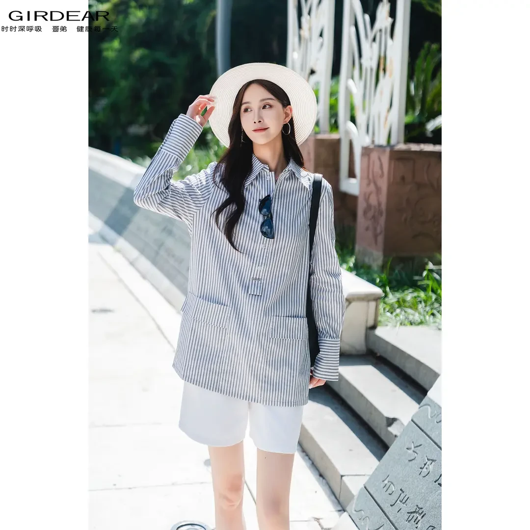 GIRDEAR/哥弟早秋新款复古条纹设计感时尚单排条纹通勤单排扣衬衫