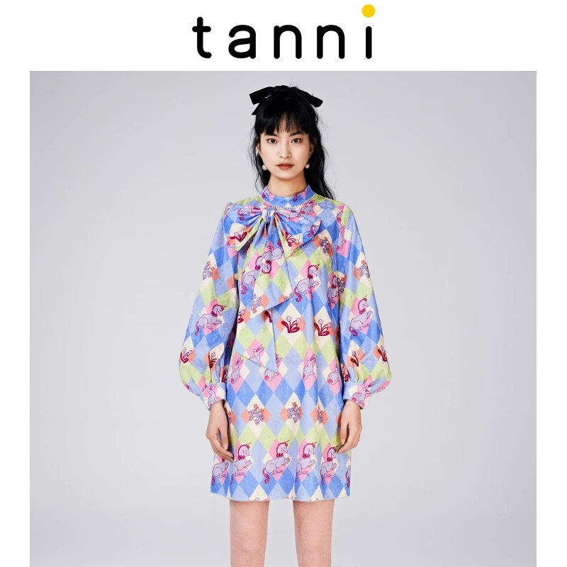 tanni商场同款冬奶蓝大蝴蝶结独角兽印花设计感连衣裙TK31DR170A