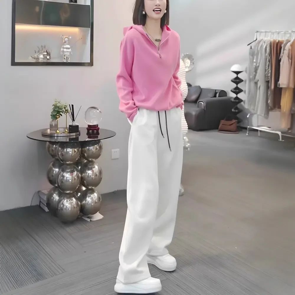2025春秋季穿搭一整套超火套装减龄粉色连帽上衣白色阔腿裤两件套