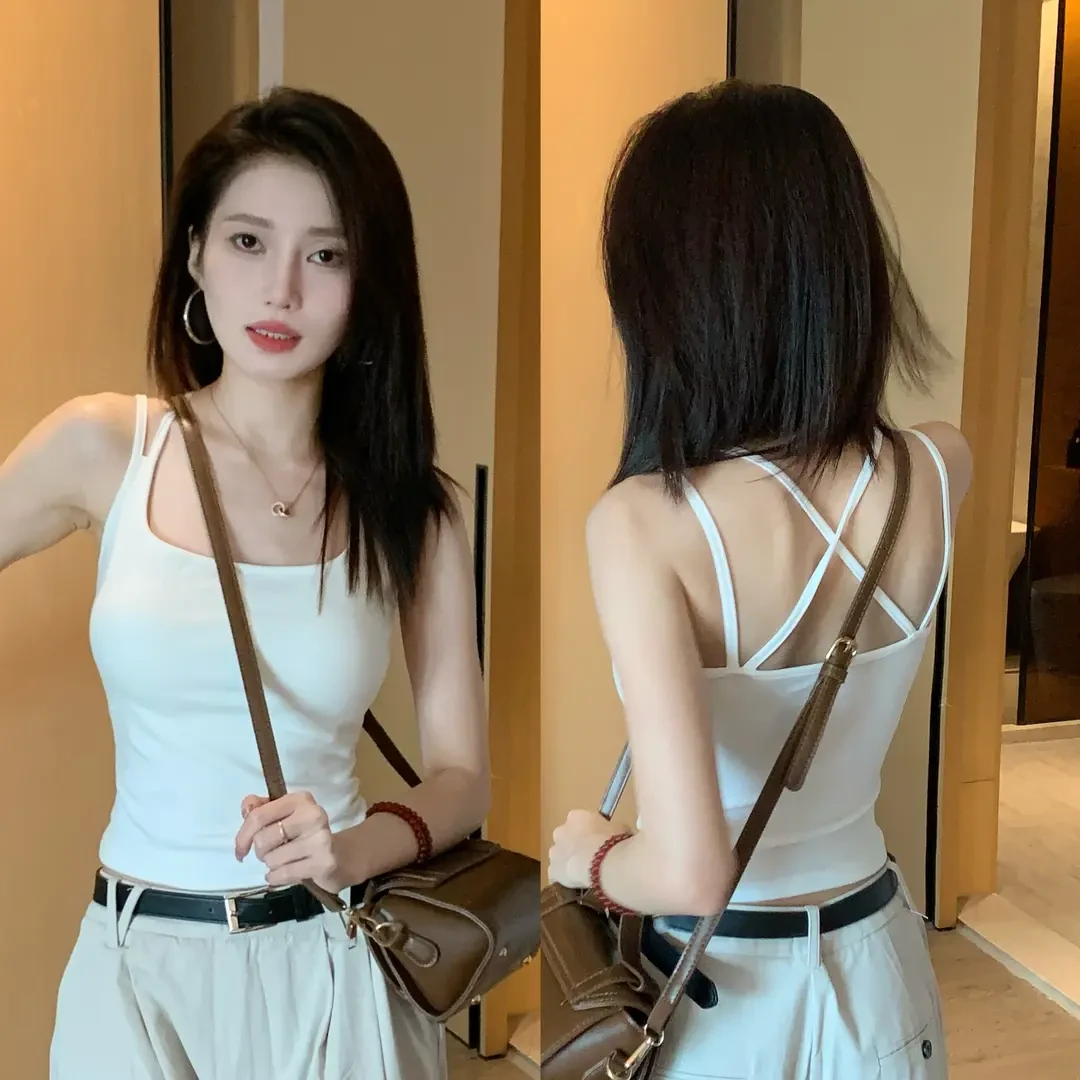美背交叉吊带文胸一体背心女2025新款外穿带胸垫内搭显瘦小上衣夏