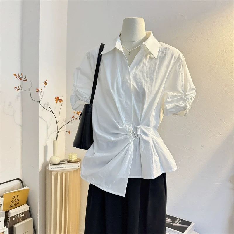 不规则褶皱收腰白色短袖衬衫女2025夏设计感小众气质上衣通勤衬衣