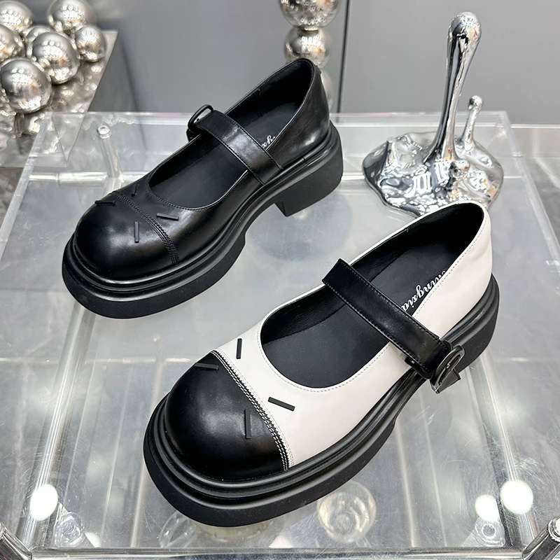 【现货】2024春季新款厚底增高法式复古气质拼色玛丽珍鞋9656-56
