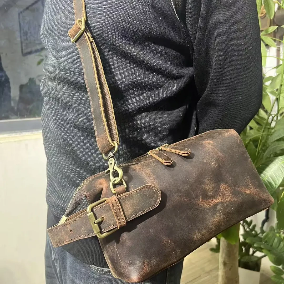 疯马皮复古真皮男士手包大容量头层牛皮手拿包休闲洗漱包