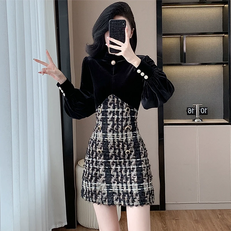 小香风高端金丝绒连衣裙女2025秋冬季新款内搭长袖显瘦收腰小黑裙