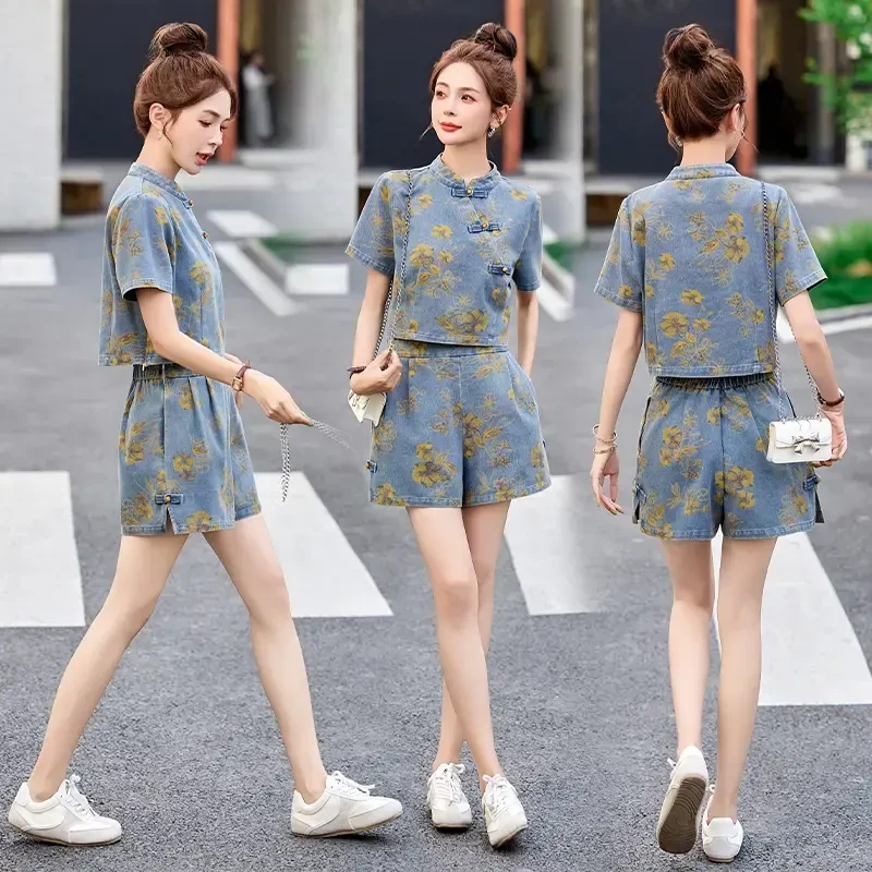 2025夏季新款小个子印花短裤两件套新中式国风复古盘扣牛仔套装女