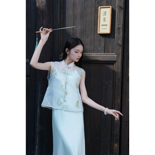 冯（CHAOMEI【青蝶韵】新中式清冷感马甲薄款显瘦吊带裙时尚套装