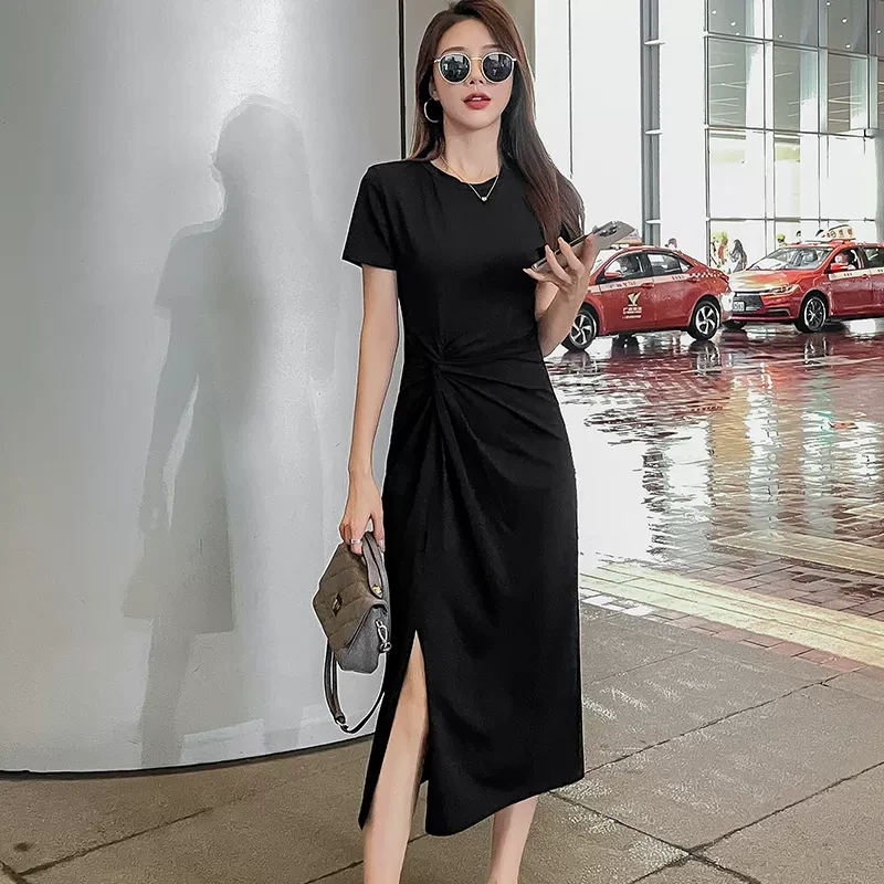2025夏季新款设计感小众开叉法式显瘦收腰长裙黑色褶皱长款连衣裙