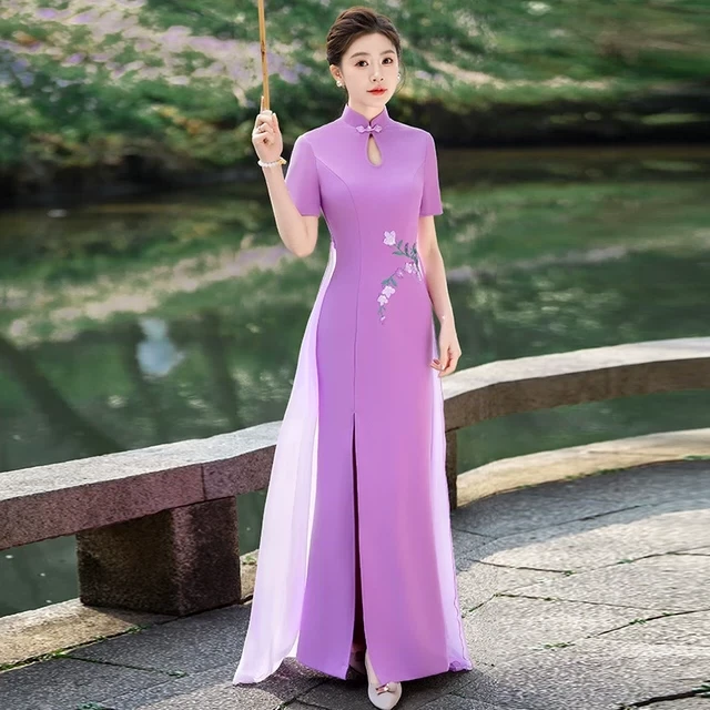 紫色改良旗袍演出服修身走秀2025新款修身中国风高开叉燕尾纱旗袍