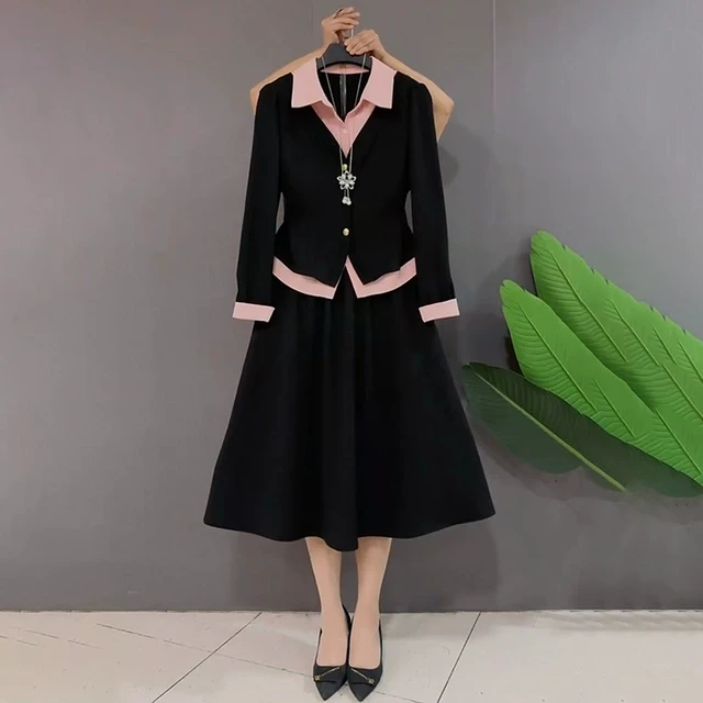 大码女装2025秋季新款胖妹妹气质假两件上衣松紧腰大摆半身裙套装