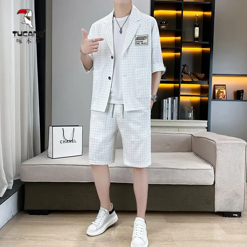 啄木鸟西服套装男士韩版修身时尚新品2025五分短裤百搭休闲两件套