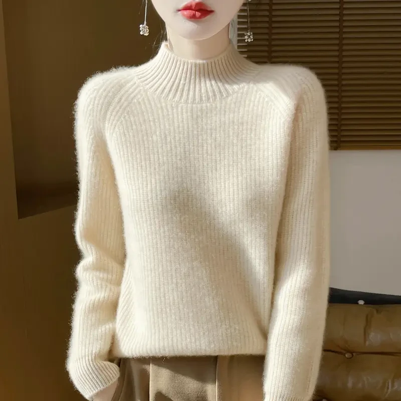 100%纯羊毛衫加厚元宝针女2025新款半高领套头毛衣宽松打底毛衫