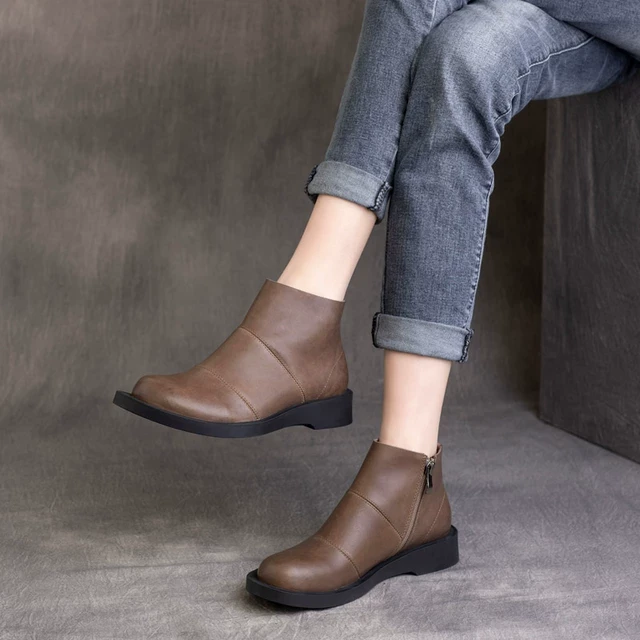 2025春季新款复古真皮侧拉链英伦风短靴马丁靴平跟靴春秋单靴