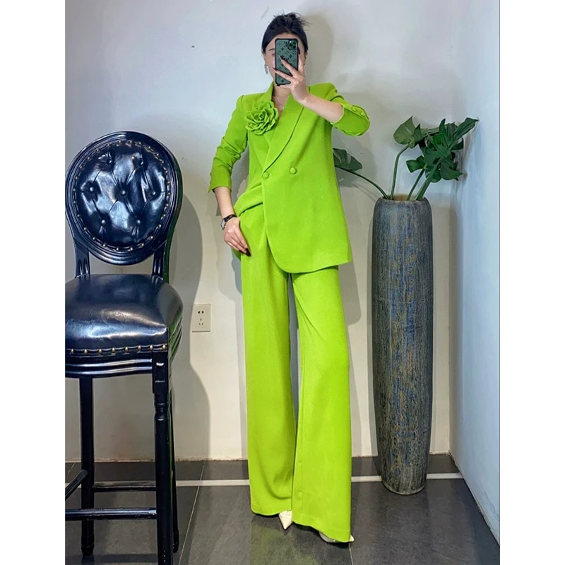 2025早春新款配花朵宽松西服外套阔腿裤套装醋酸麻料职业总裁女装