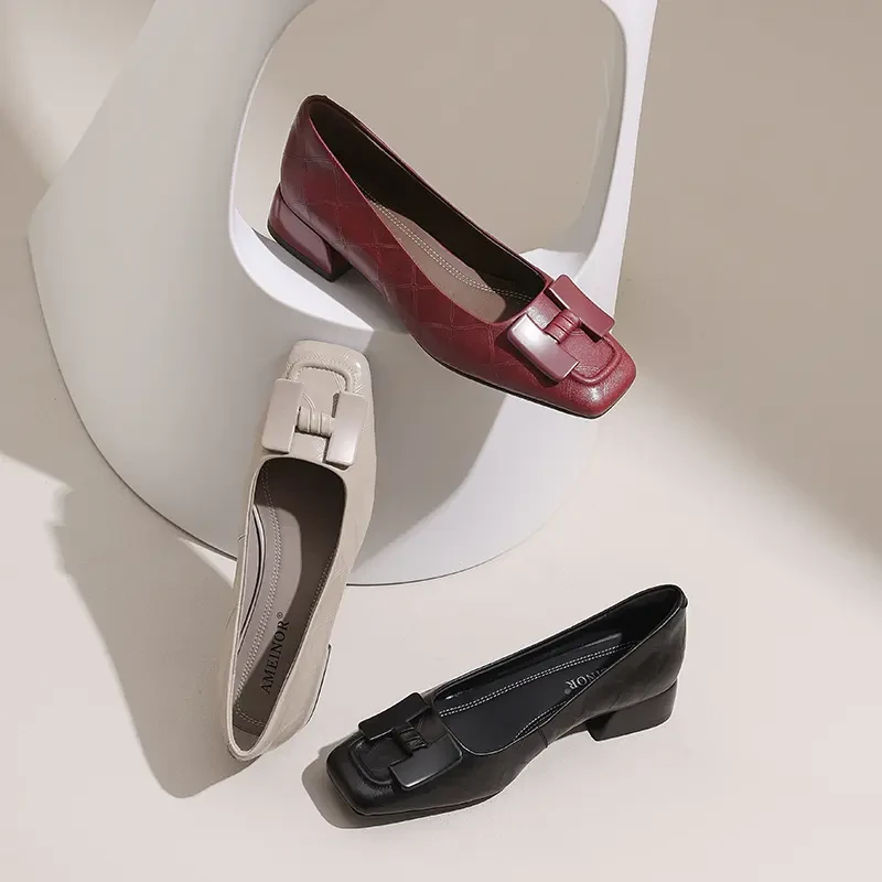 AMEINOR2025夏季新款时尚酷炫真皮材质扣式女士低跟单鞋7829