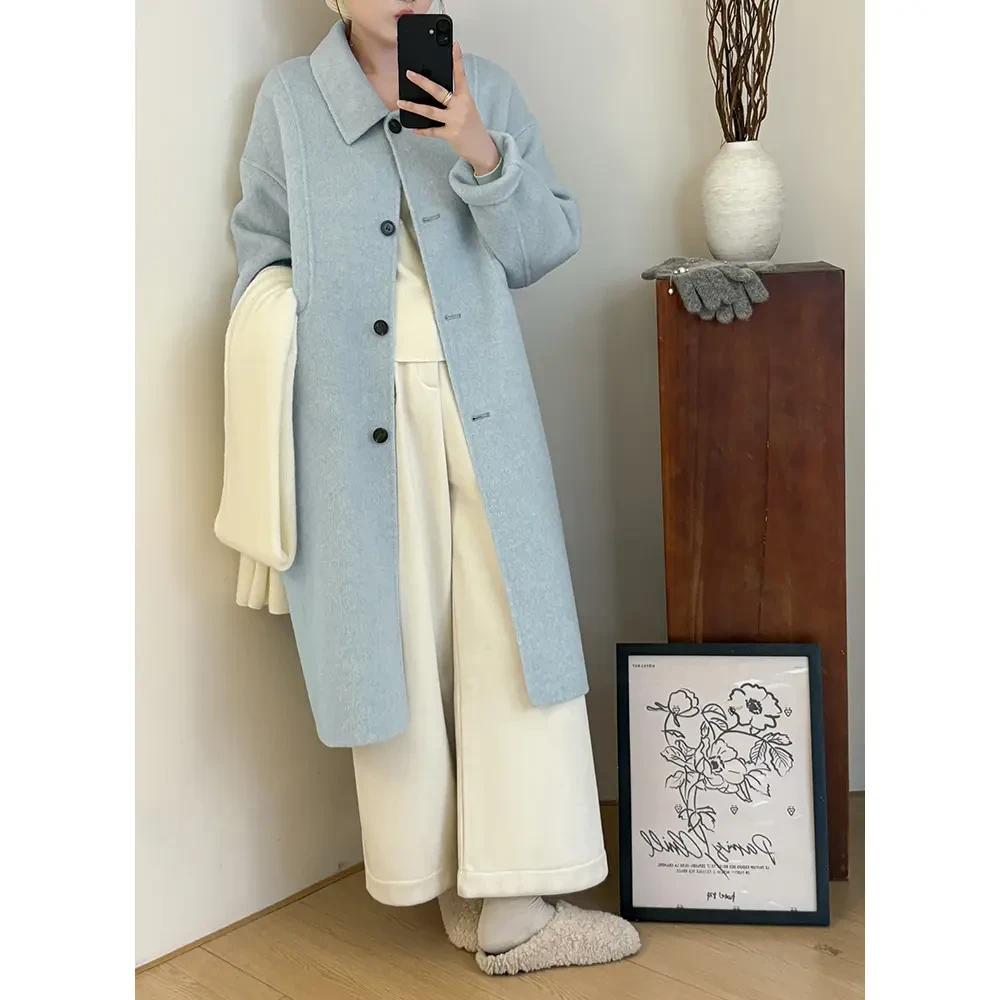 韩系新款秋冬2025大衣女长款翻领外套绵羊毛大衣宽松百搭时尚气质