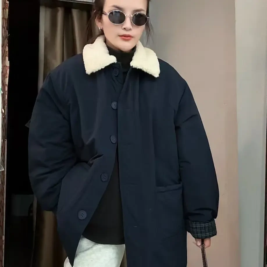 保暖女纯色中长款防水翻领毛领休闲冬季时尚外套