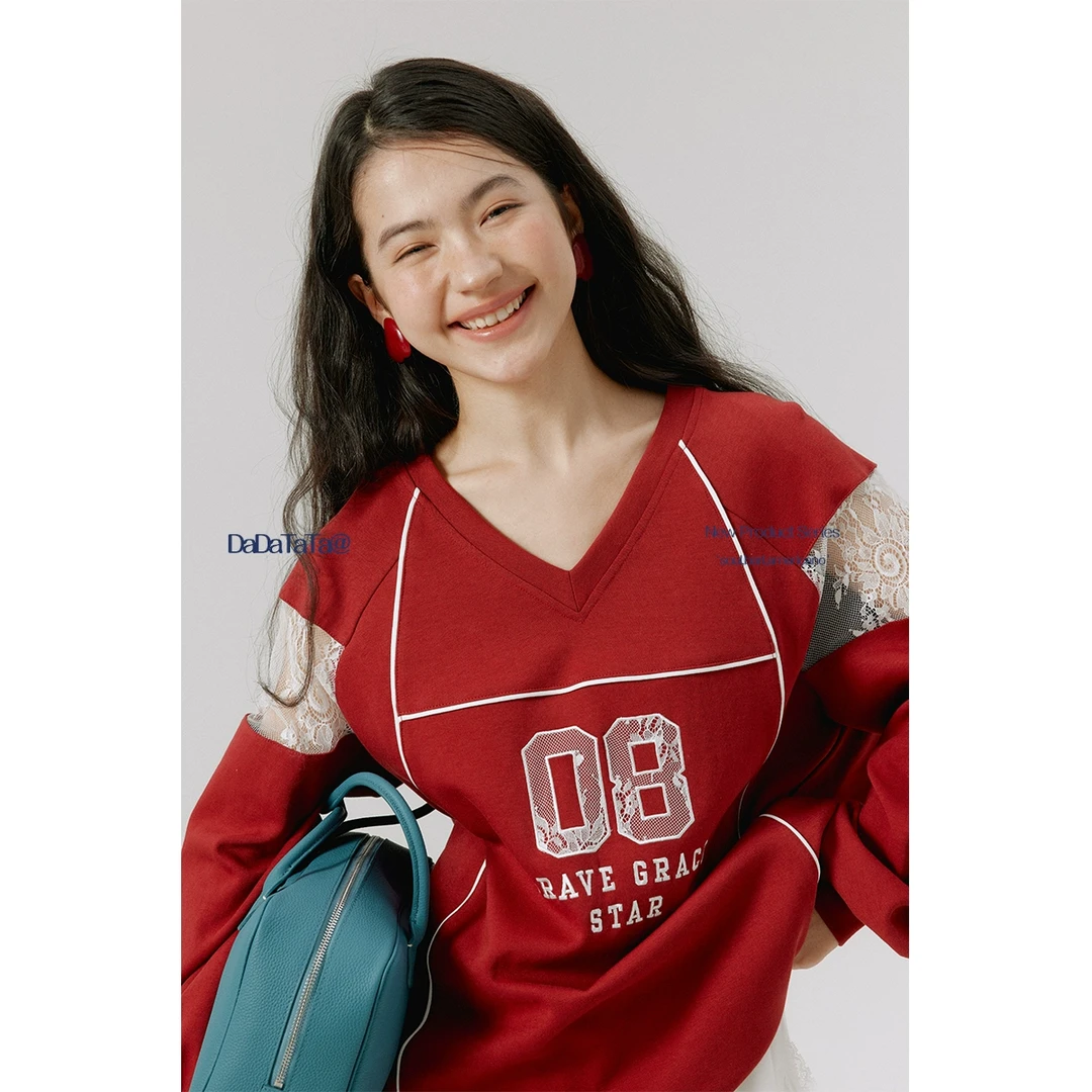 DADATATA晶咕白标微胖女生穿搭蕾丝拼接V领大码宽松显瘦卫衣