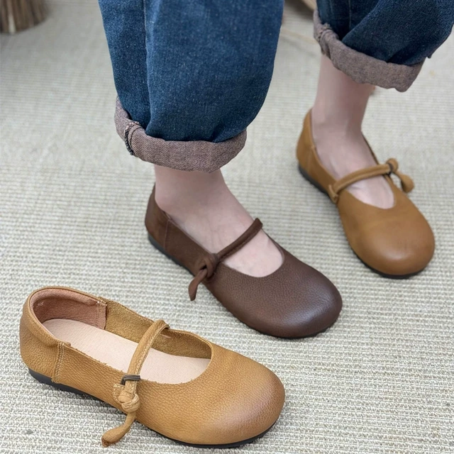 丑乐真皮妈妈鞋复古风一字扣玛丽珍鞋牛筋软底方头浅口单鞋女鞋