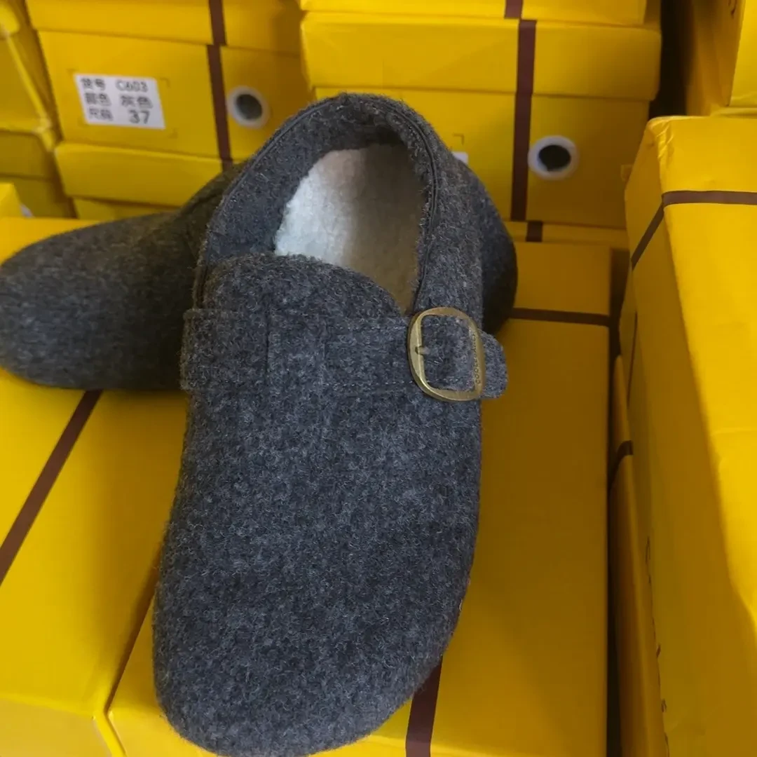 603加绒厚底全包毛呢勃肯鞋女冬季保暖百搭一脚蹬