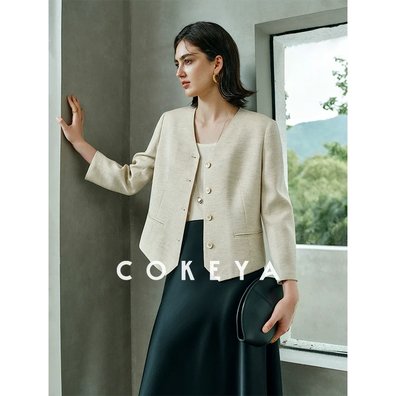 COKEYA/优雅都市~日本琎口麻感防晒抗皱经典箱型八分袖西装外套