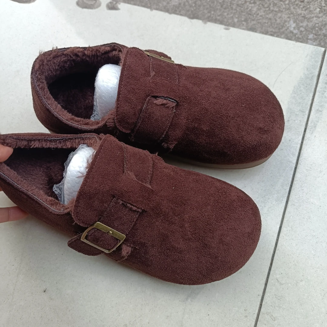 复古圆头加绒毛毡勃肯鞋女秋冬季一脚蹬保暖休闲鞋