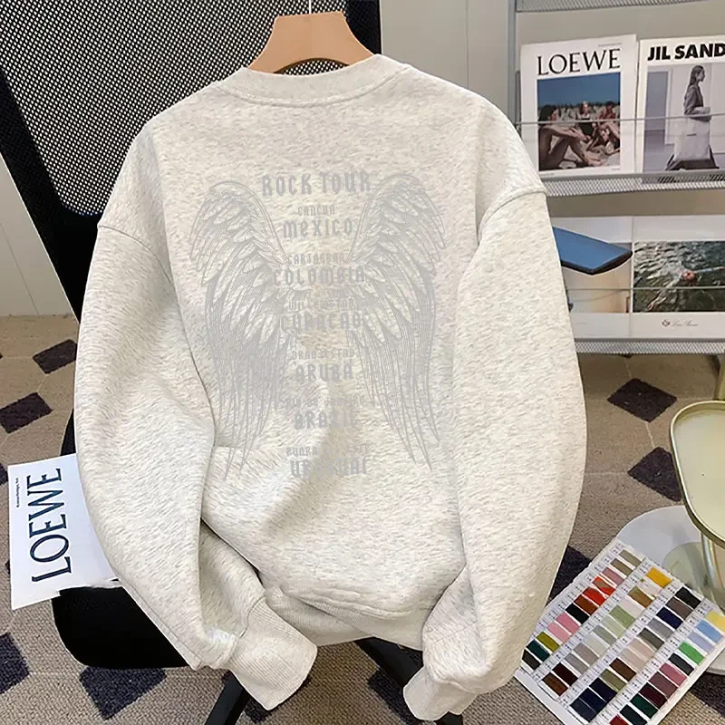 秋冬季青少年宽松百搭加绒加厚保暖上衣设计感vintage圆领卫衣
