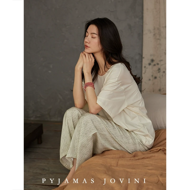 俏薇妮睡衣女夏季纯棉带胸垫一体短袖长裤凉感薄款可外穿家居服