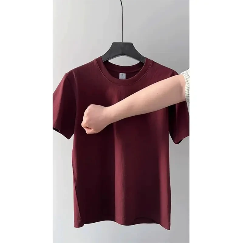 枫叶红300g重磅纯棉T恤男夏季纯色短袖酒红色高级感显白五分半袖