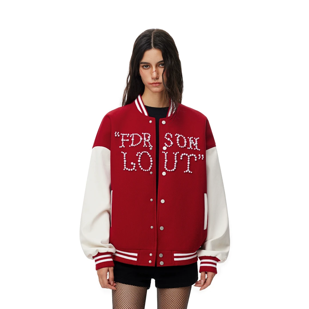 FDR官方店 珍珠棒球服外套男女时尚加厚撞色宽松情侣装美式夹克