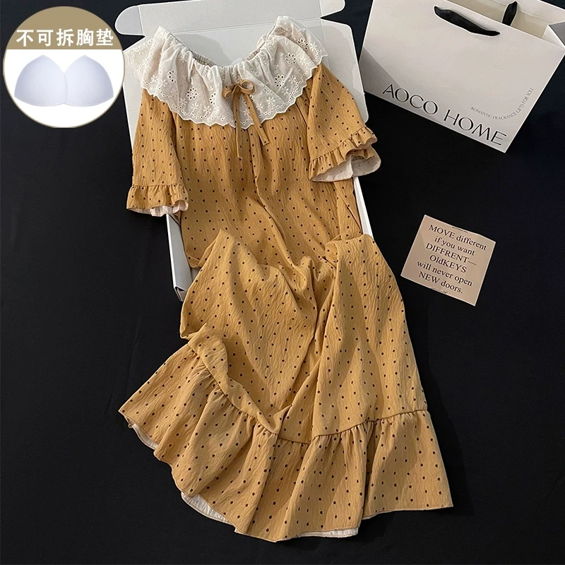 公主风新款睡裙女夏季休闲带胸垫棕色波点甜美睡衣宽松舒适家居服