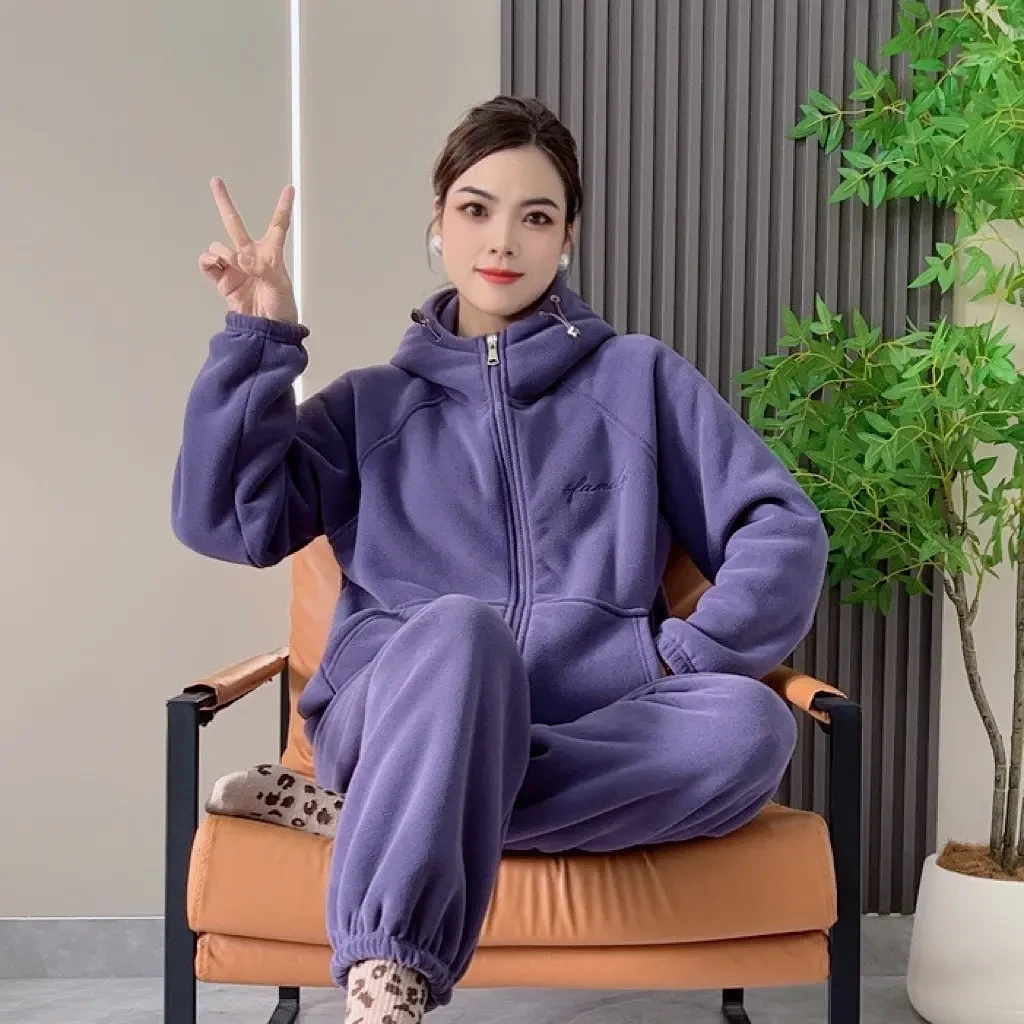 【高档家居服】冬季新款情侣加绒连帽长袖外穿家居服休闲套装睡衣女