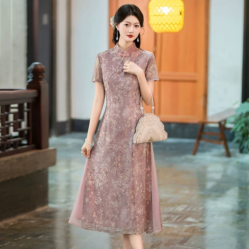 显瘦奥黛妈妈国风改良旗袍2025新款夏季年轻款女新中式复古连衣裙