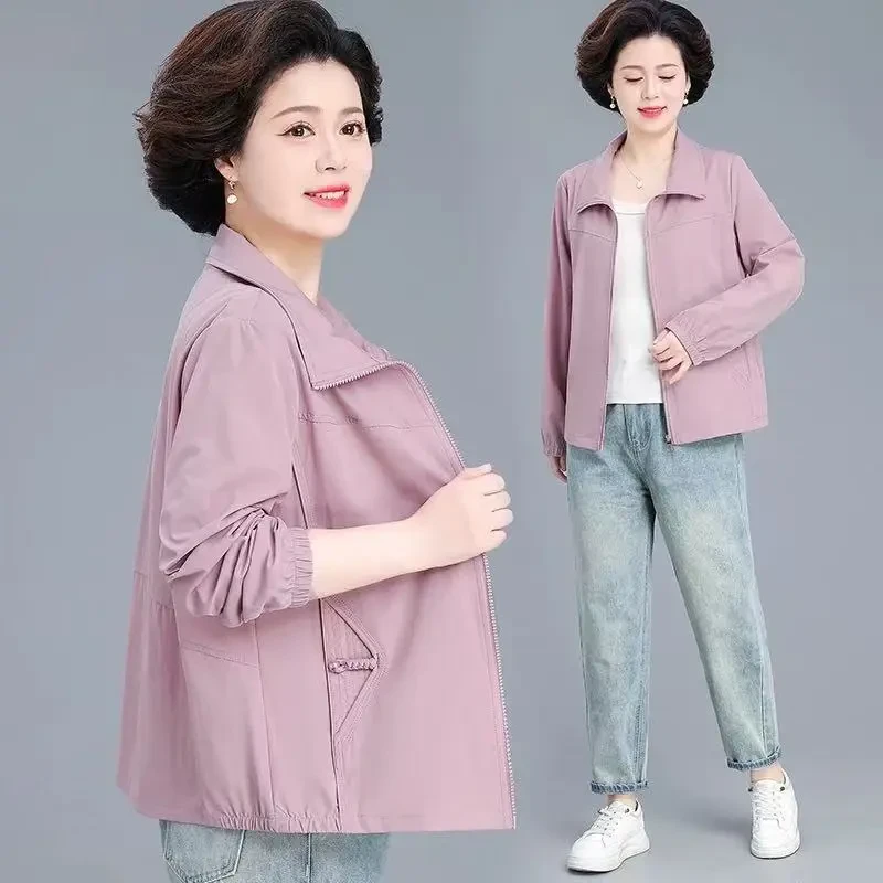 新款时尚洋气百搭薄款防晒妈妈装精品拉链衫外套