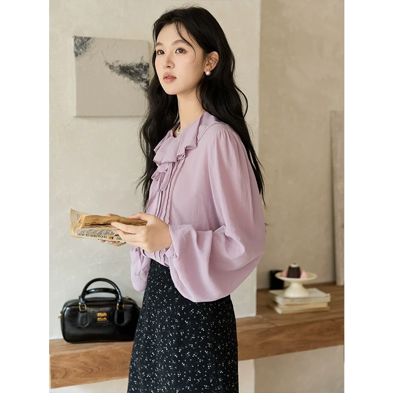 【直播专属】谜秀法式荷叶边长袖衬衫带气质衬衣上衣MXD46X1684