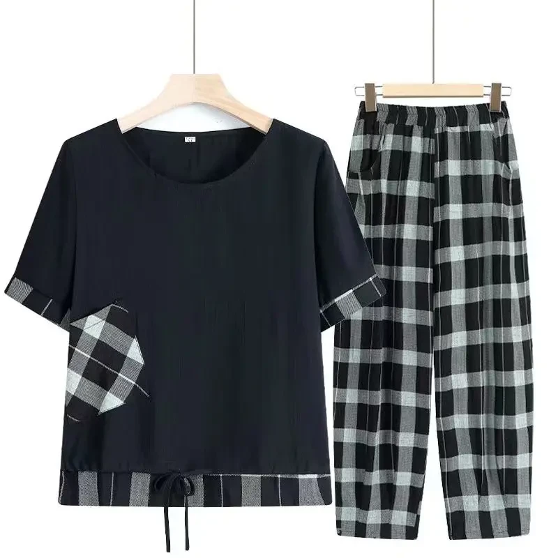 A33中年妈妈夏季新款套装时尚格子小个子阔太太遮肚子短袖两件套